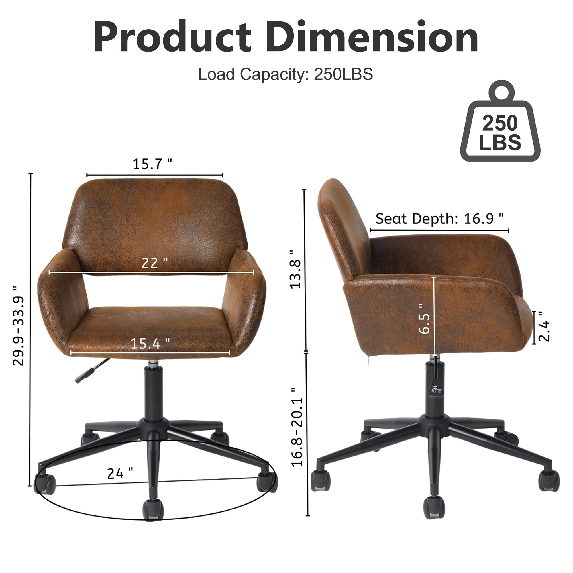 Homy Casa 1-Piece 29.9"-33.9" Adjustable Swivel Office Chair, Brown Faux Suede Desk Chair for Home Office