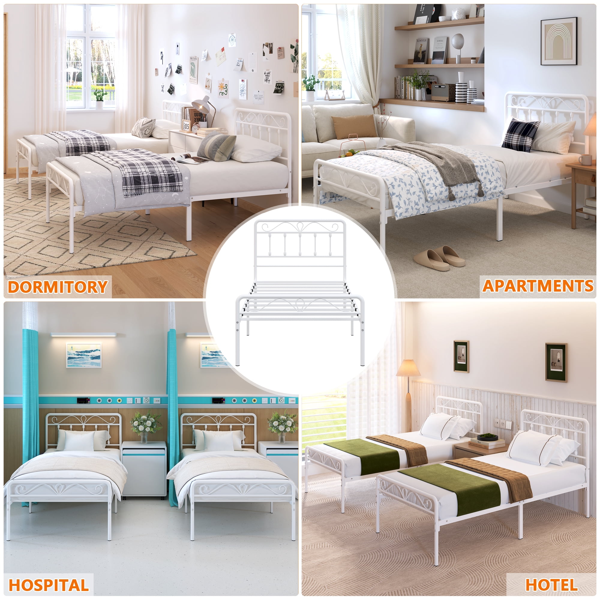 Yoneston Alden Designed Twin Metal Bed Frame with Vintage High Headboard for Kids Girls Boys Bedroom, White