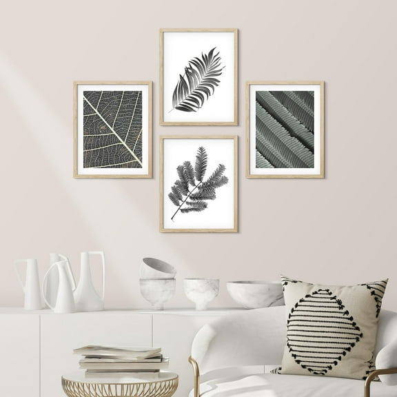 PixonSign Framed Wall Art Black & White Duotone Forest Leaf Posters, Set of 4 Nature Wilderness Botanical Digital Art, Minimalism Scenic Plants Canvas Prints for Home Decor - 11"x14" Natural