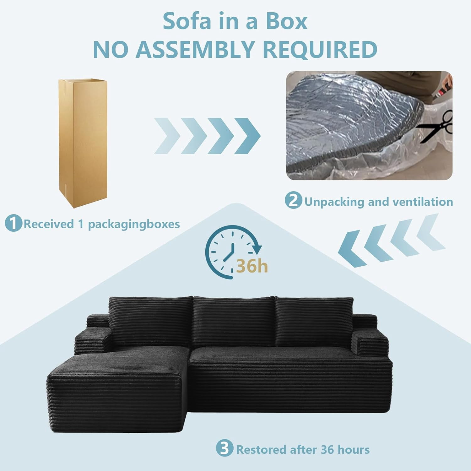 96" Boneless Cloud Couch with Chaise, Modular Sectional Sofa for Living Room, No Assembly Required, Deep Seat Corduroy Couch, Black