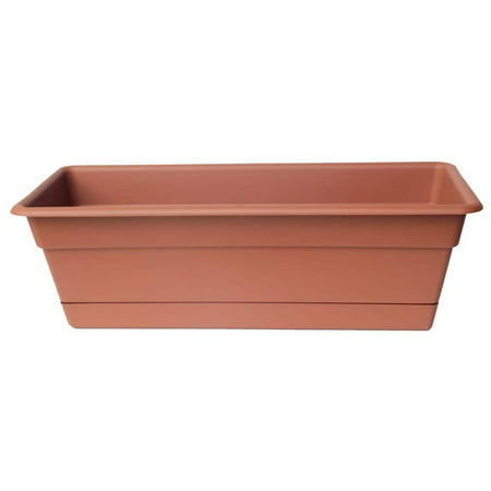 Dura Cotta 24 in. Terra Cotta Plastic Window Box Planter with Tray Durable resin construction won t break in extreme temperatures Large window box planter includes drainage holes Window box planter is UV stabilized for use outdoors or indoors