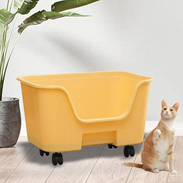 Bandejas de arena para mascotas con lados altos, inodoro abierto para gatos, bandeja de entrenamiento para arena para gatos, lavabo grande para gatos, Amarillo Con Rueda