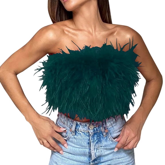 JWZUY Women Sleeveless Fur Feather Tube Tops Solid Color Strapless Backless Fluffy Slim Fit Off Shoulder Crop Top Sexy Camis Army Green#01 XL