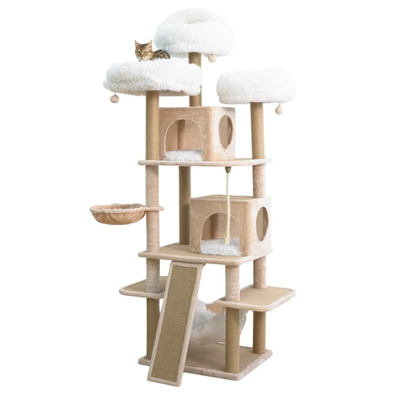 CATRY 74.5 inch 7-Level Beige Extra Large Cat Tree with Double Condos & Cat Hammock