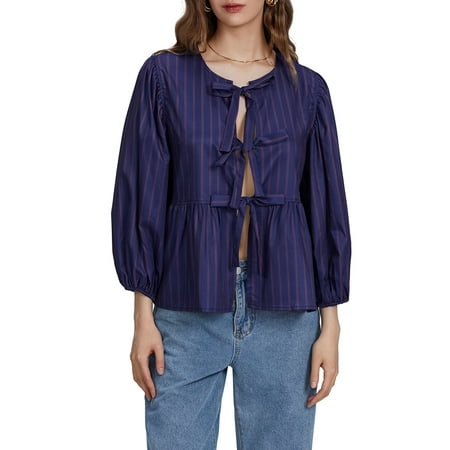 GuliriFei Women Teen Girls Y2K Puff Short Sleeve Peplum Shirts Tie Front Ruffle Hem Babydoll Blouse Tops Lace up Summer Tops