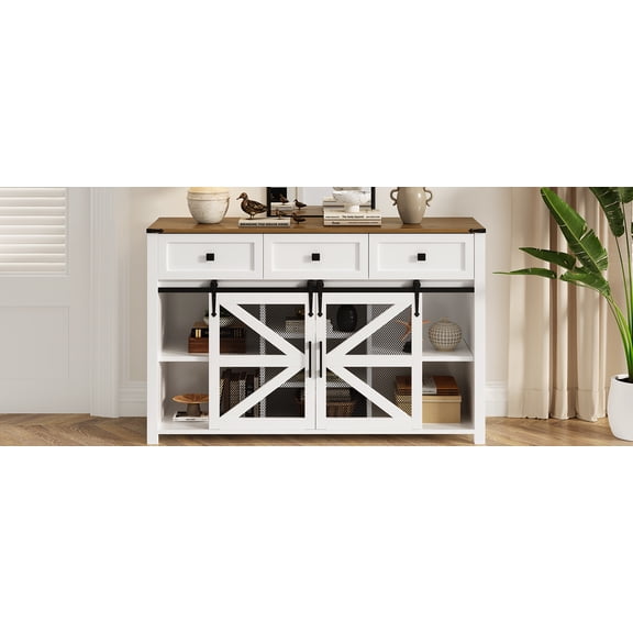 YIYADO Farmhouse 55" Sideboard Self Storage Cabinet with Sliding Barn Door and 3 Drawers, Adjustable Shelves, Multipurpose Wood Entryway Table, White