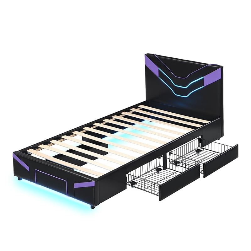 Twin Size Upholstered Gaming Bed Frame with LED Lights, PU Leather Platform Bed with Storage Shelf, 2 Steel Drawers, Purple