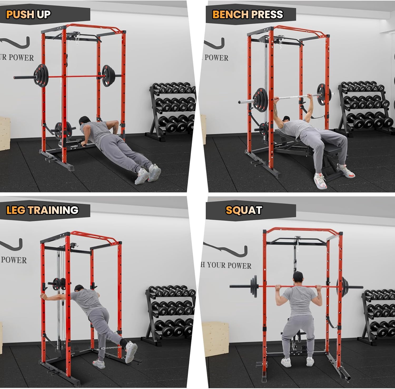 Hetoy 1600 Lbs Power Rack for Home Gym Squat Rack with Cable Pulley System & LAT Pull Down Workout Cage Strength Training Weight Cage with Dip Bar & J Hooks for Multiple Exercises,Red