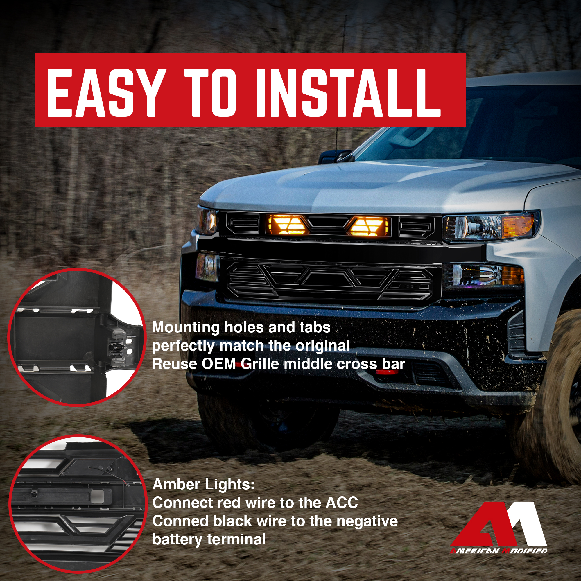 AMERICAN MODIFIED Grille w/LEDs for 19-21 Chevy Silverado 1500, Gloss Black