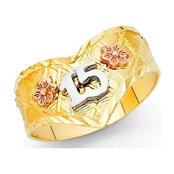 15 Years V Shape Band 14k Yellow White Rose Gold Quinceanera Flower Ring Fancy Tri Color 12MM Size 7