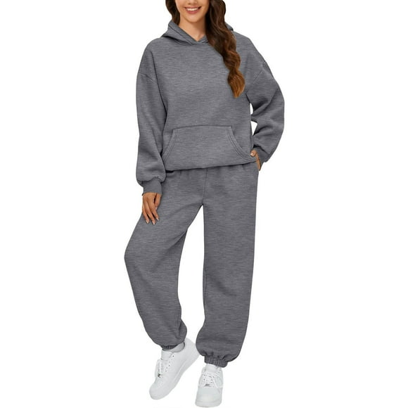 Clearance! SNOWSONG Trousers Suits for Women, Womens 2 Outfits Hoodie Sweatsuit Sets Oversized Sweatshirt Baggy Sweatpants with Pockets Dark Gray M