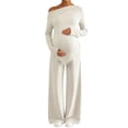thumbnail image 3 of Gyujnb Asymmetrical Neck Long Sleeve Nursing Maternity Set Solid Soft Knit Full Over Belly Straight Wide Leg Pants 2 Piece Matching Outfit Postpartum Daily Pregnancy Loungewear,XL, 3 of 8