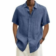ZCFZJW Plus Size Summer Cotton Linen Shirts for Men Big and Tall Regular Fit Casual Lightweight Solid Color Short Sleeve Button Down T-Shirts Tops Blue XXL