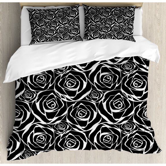 Floral Duvet Cover Set King Size, Vintage Illustration of Abstract Rose Flowers in Continuous Design, Decorative 3 Piece Bedding Set with 2 Pillow Shams, Charcoal Grey and White, by Ambesonne