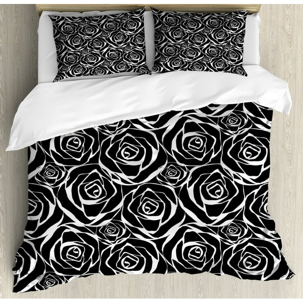 Floral Duvet Cover Set, Vintage Illustration of Abstract Rose Flowers