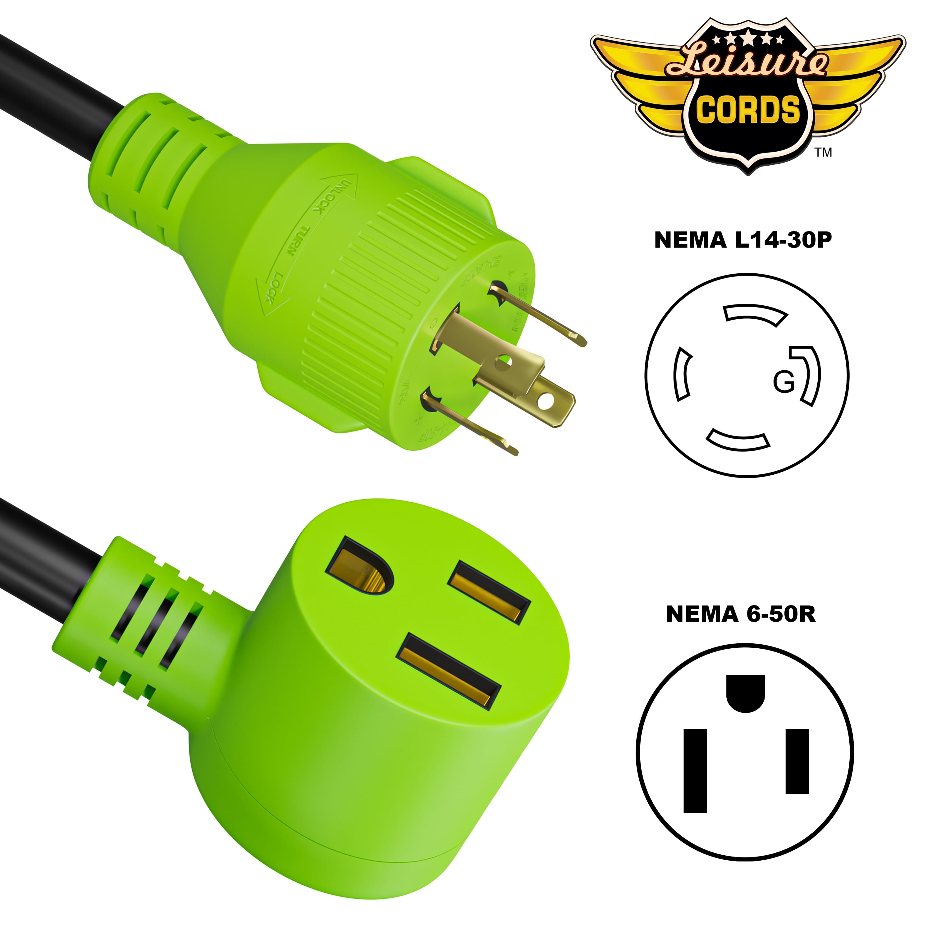 Leisure Cords Nema L14-30P to 6-50R Generator Power Cord Welder Adapter 3 Wire 125/250v 18 Inches Long (4-Prong L14-30P to 6-50R)
