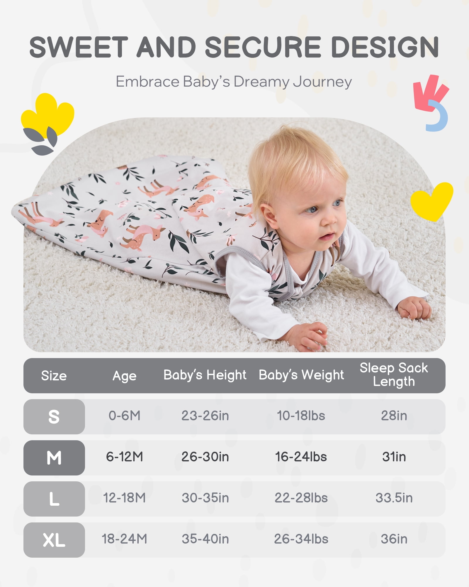 Baby Sleep Sack 18-24 Months, 100% Organic Cotton Wearable Blanket for Babies, 2-Way Zipper TOG 0.5 Lightweight Breathable Baby Sleeping Bag, 4 Sizes-XL Cotton&Fawn&Grey