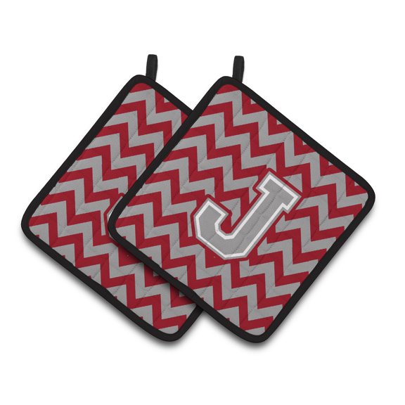 Carolines Treasures CJ1043-JPTHD Letter J Chevron Crimson and Grey Pair of Pot Holders, 7.5HX7.5W, multicolor