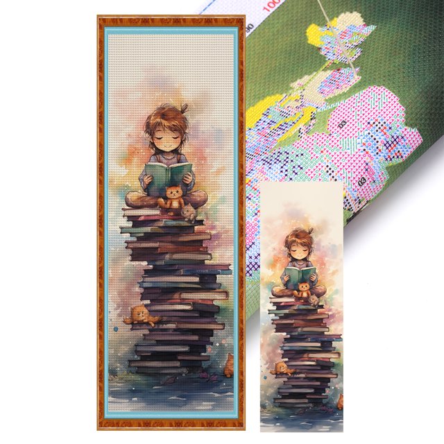 Hilo Algodón Bordado 11CT Gato Y en Un Libro Punto Cruz 30x90cm