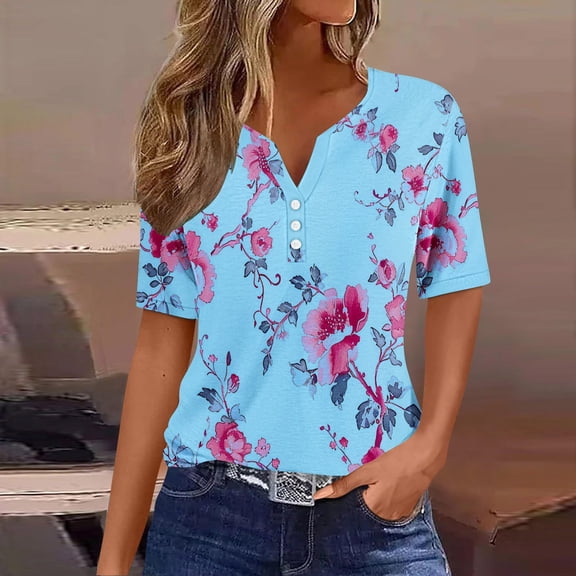 Giftesty Blouses for Women Dressy Casual Summer Tops for Women Vacation Trendy V Neck Short Sleeve Shirts Casual Loose Spring Vintage Floral Print Comfy Tunic Clothes