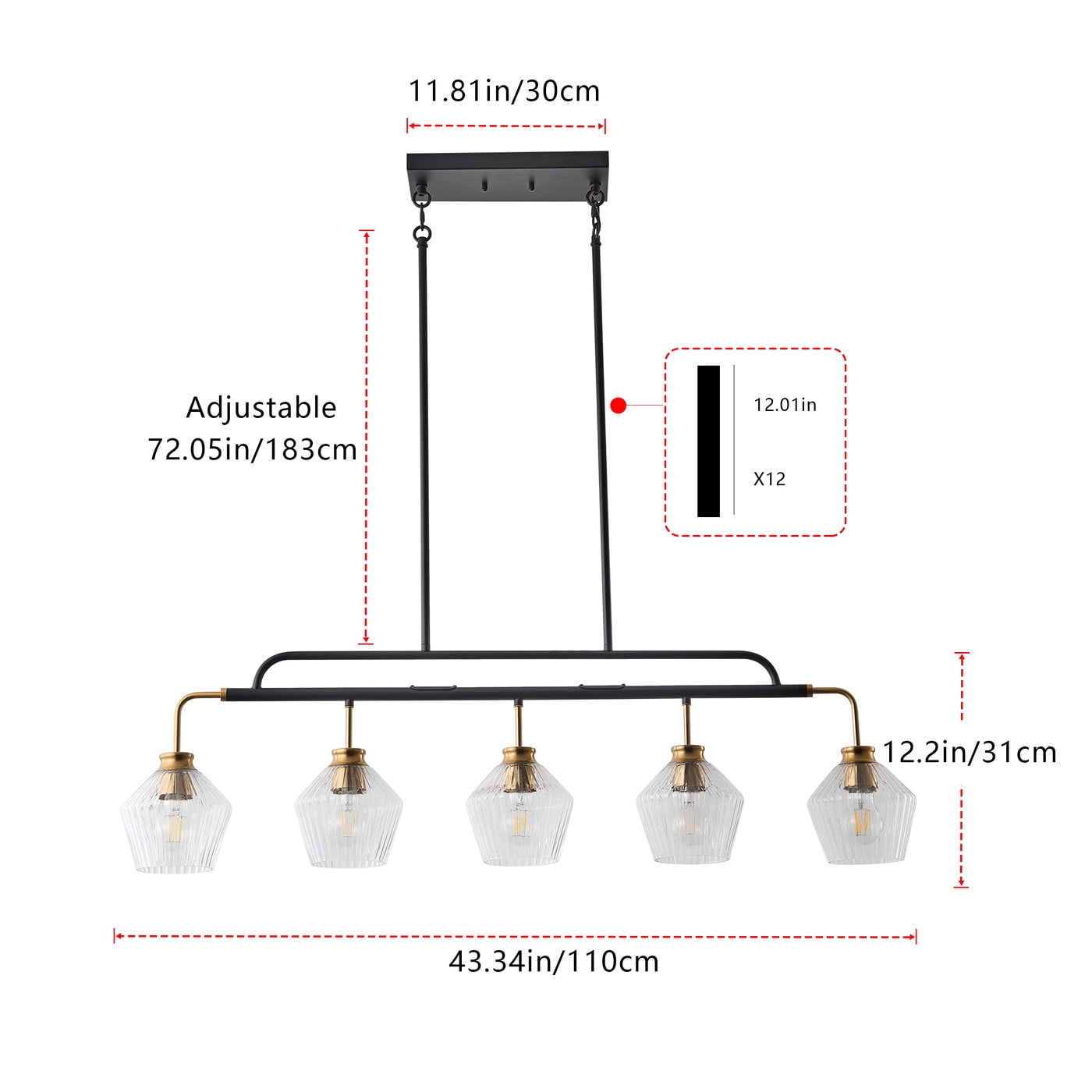 Aiwen 43 Inch 5-Light Linear Chandelier Over Kitchen Island, Matte Black Pendant Light Fixture for Kitchen Living Room