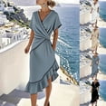 thumbnail image 2 of Oksale Elegant Dresses for Women Wedding Guest Asymmetrical Ruffle Hem V Neck Wrap Dress Cozy Batwing Sleeve Midi Vacation Summer Dresses for Holiday White M, 2 of 8