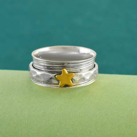 925 Sterling Silver with Brass Star Accent Meditation Spinner Ring Fidget Band Handcrafted Artisan Woman's Fashion Jewelry