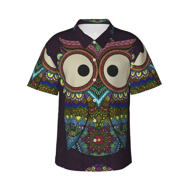 Balery Boho Owl Camisas hawaianas de manga corta para hombre, camisas playeras de corte holgado, camisas de vacaciones con botones,Medium