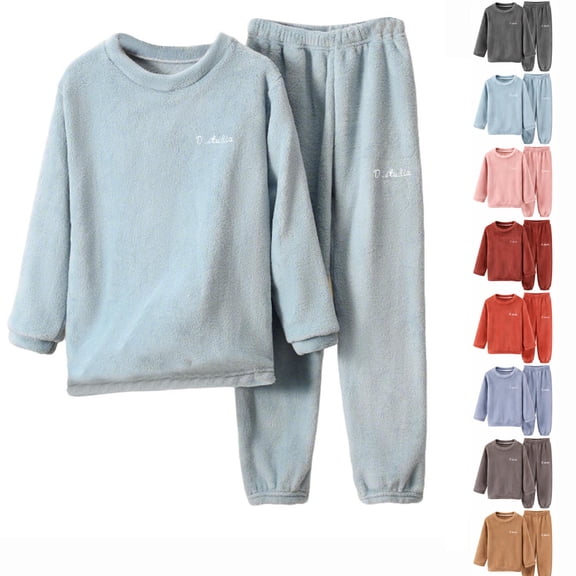 Hzzrkos Boys and Girls Fleece Pajama Set Soft Plush Long Sleeve Crew Neck Pullover Top and Elastic Waist Pants Cozy Sleepwear Loungewear Warm Home Outfit for Kids Blue