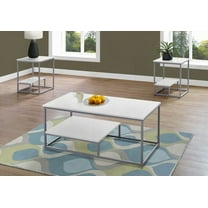 Table Set of 3pcs: Coffee, End, Side Tables for Living Room, White Laminate, Grey Metal, Contemporary Design