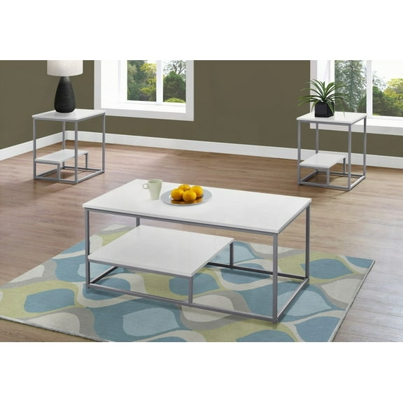 Table Set of 3pcs: Coffee, End, Side Tables for Living Room, White Laminate, Grey Metal, Contemporary Design