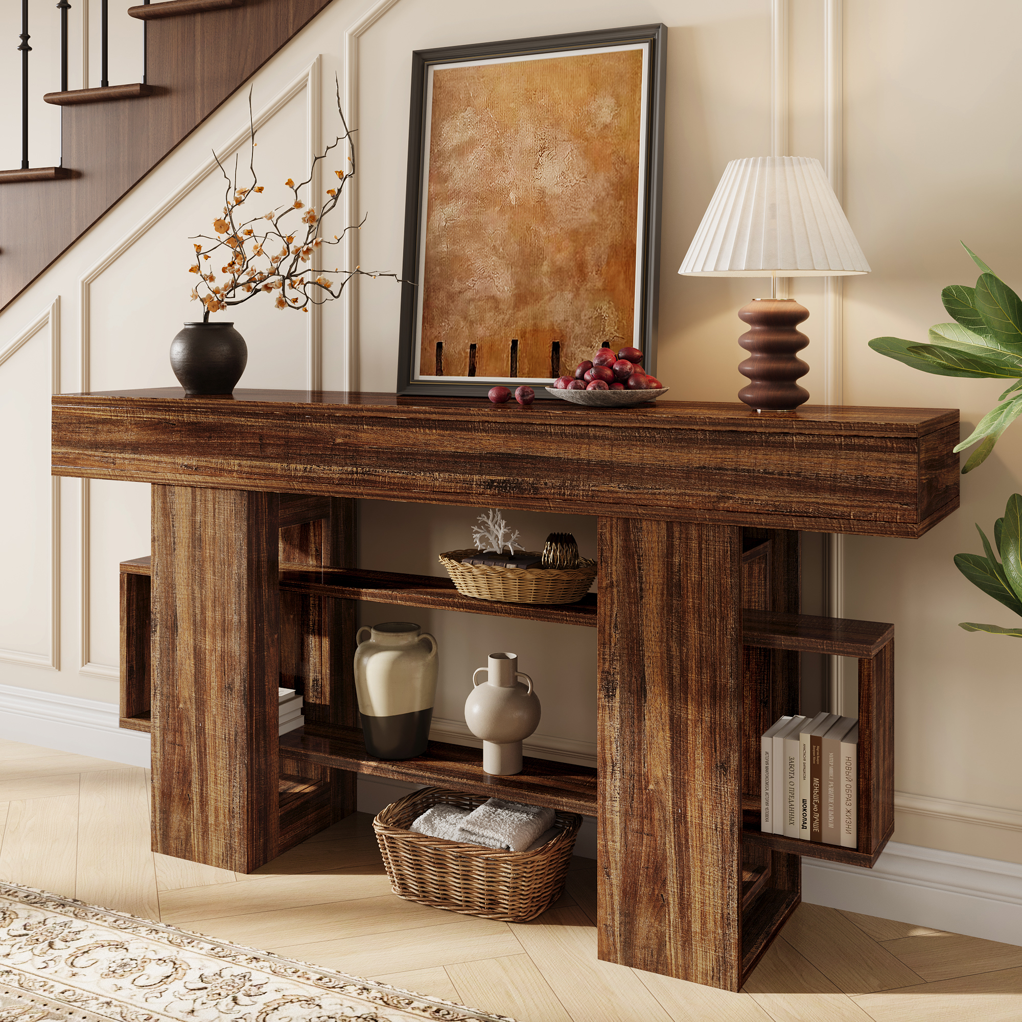 Einhomn 63" Farmhouse Wood Console Table, Modern Entryway Table with Open Storage for Behind Couch, Living Room
