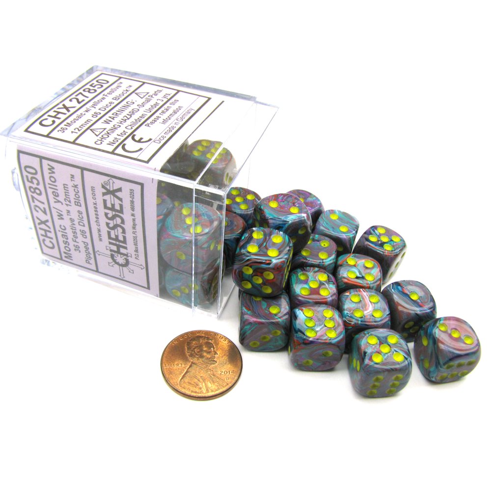 chessex festive 12mm d6 dice block (36 dice) mosaic with yellow