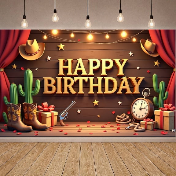 Western Style Banner Cowboy Elements Western Backdrop Cactus Decor Golden 3D Letters Wild West Banner for Birthday Party Western Theme Party Photo Shoot
