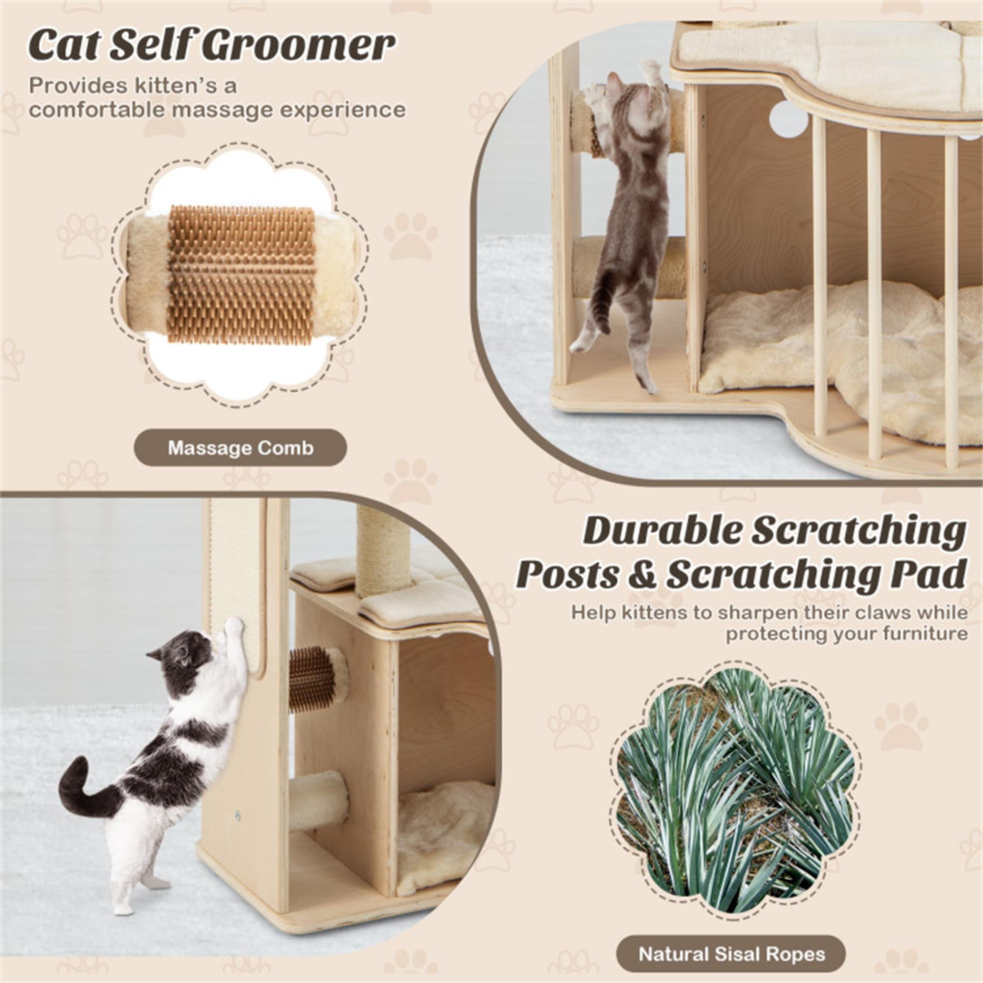 Kadyn 55" Wood Cat Tree Tower for Indoor Cats with Scratching Posts Washable Detachable Cushion, Modern Cat Condo Furniture for Large Cat, Beige