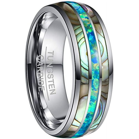 Men's 8mm Tungsten Carbide Ring Real Blue/Green Opal and Abalone Shell Wedding Engagement Ring Band Size 6 to 14