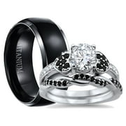 His and Hers 3 Piece Trio Sterling Silver Black Titanium Wedding Band Engagement Ring Set 12/9
