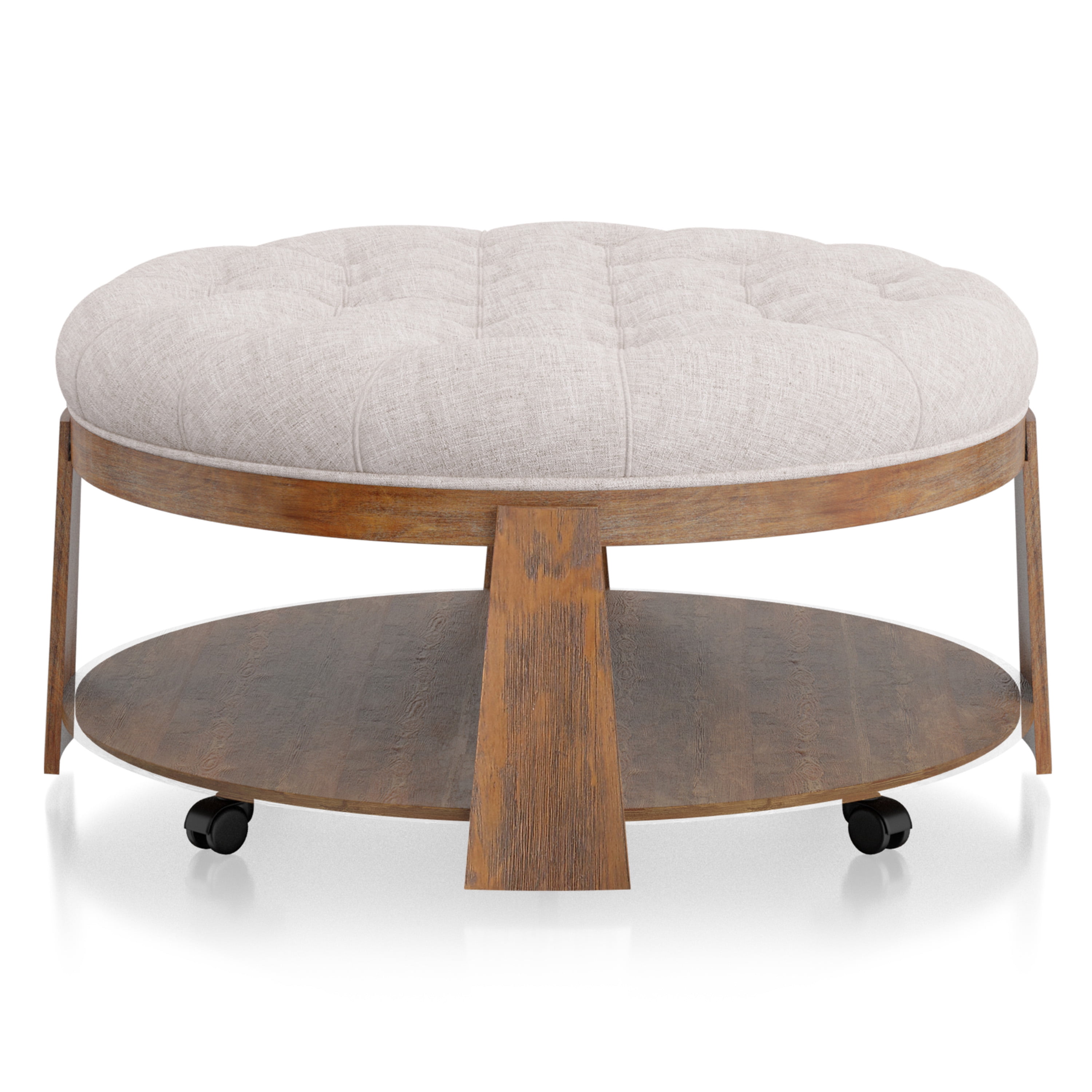 Furniture of America Brynn Tufted Ottoman Coffee Table, Natural Tone and Beige