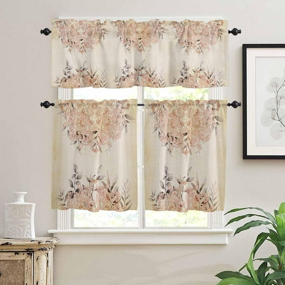 Kitchen Curtains Set, Retro Orange Boho Kitchen Curtains and Valances Set, Modern Abstract Art Botanical Rod Pocket Tier Curtains 24 Inch Length for Cafe/Bedroom Windows