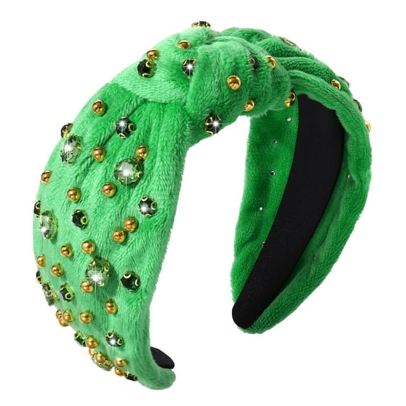 Crystal Knotted Headband for Women Sparkly Rhinestone Jeweled Headbands Gold Beads Embellished Headband Wide Top Knot Velvet Hairbands Fashion Hair Accessory Green