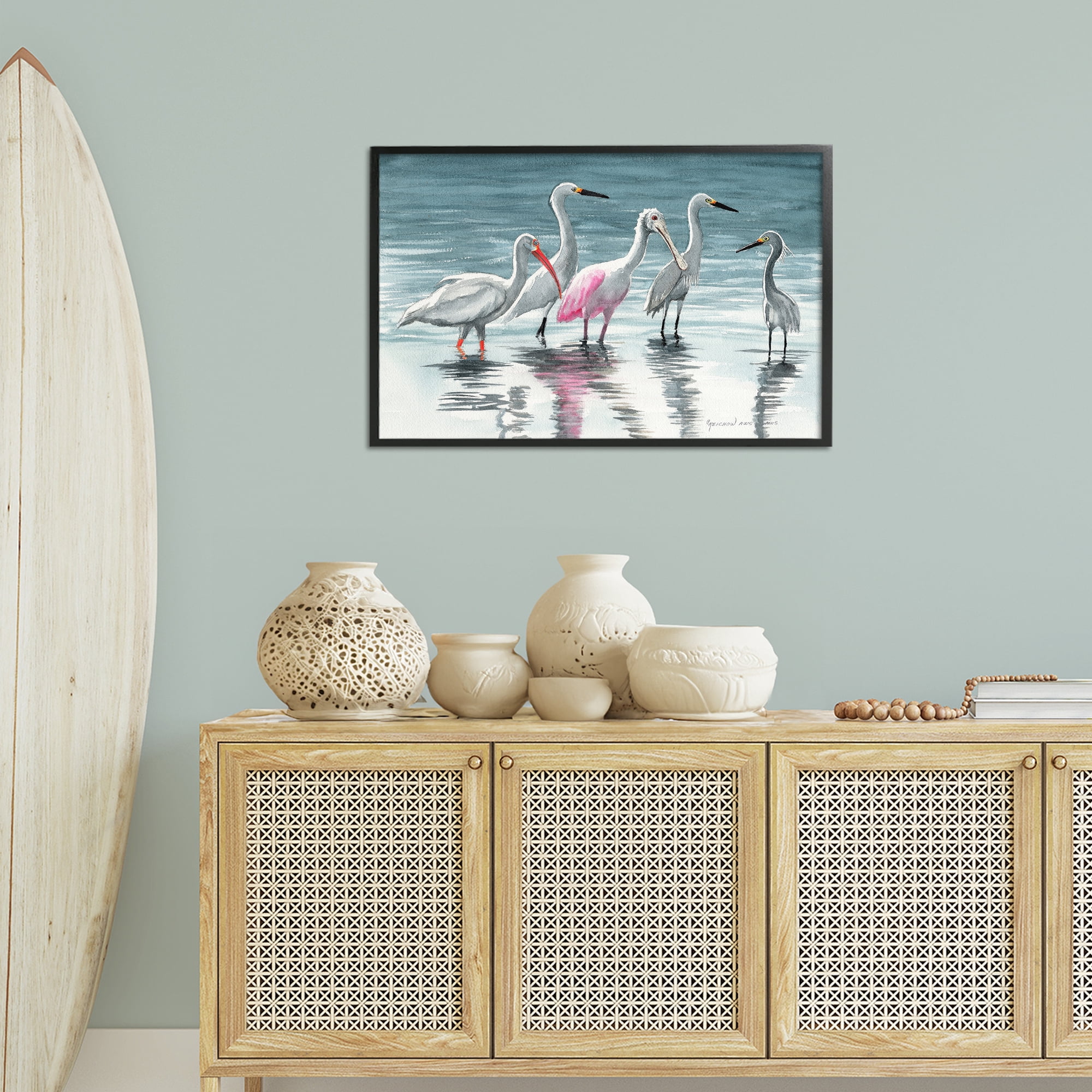 Stupell Industries Herons Stepping in Shore Animals & Insects Painting Black Framed Art Print Wall Art, 30 x 20
