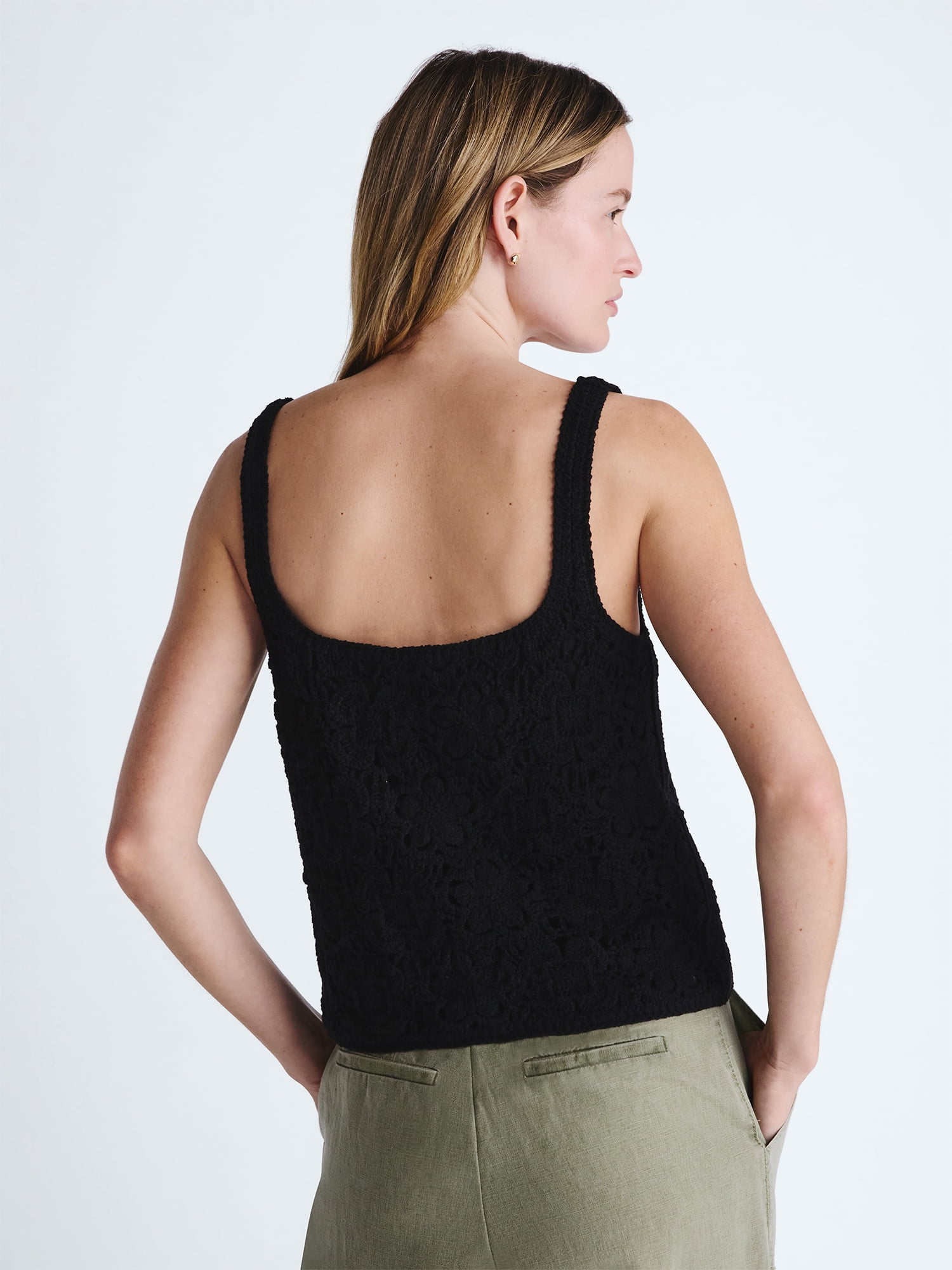 Scoop Women's Square Neck Crochet Cotton Tank Top, Sizes XS-XXL