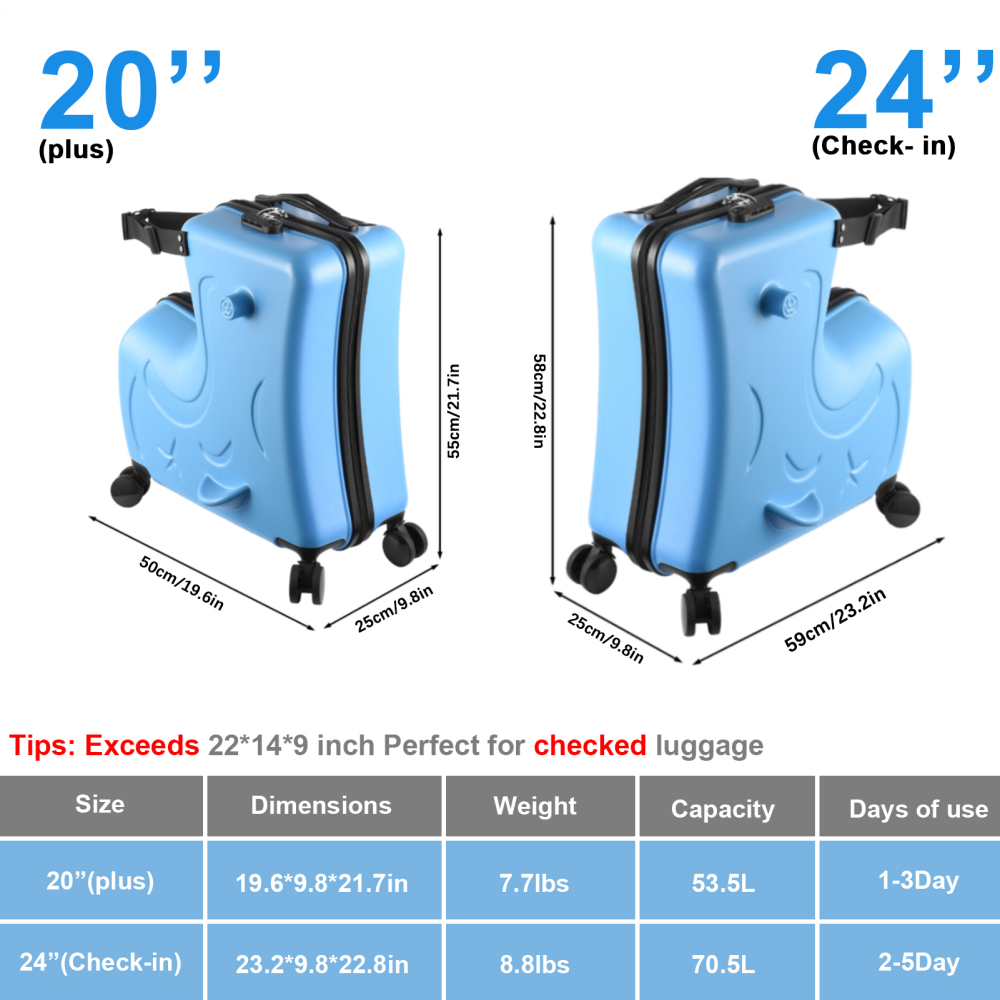 Kids Ride on Luggage, Toddler Luggage Seat Ride on, Kids Travel Suitcase with Safety Belt, Scooter Suitcase for Kids Ages 6-12 (20“ Blue)