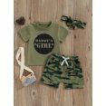 thumbnail image 3 of Bslissey Little Girls 3Pcs Summer Outfits Short Sleeve Letter Print T-shirt + Camouflage Shorts + Headband 3M 6M 12M 18M 24M 3T 4T 5T Toddler Kids Cute Shorts Sets, 3 of 9