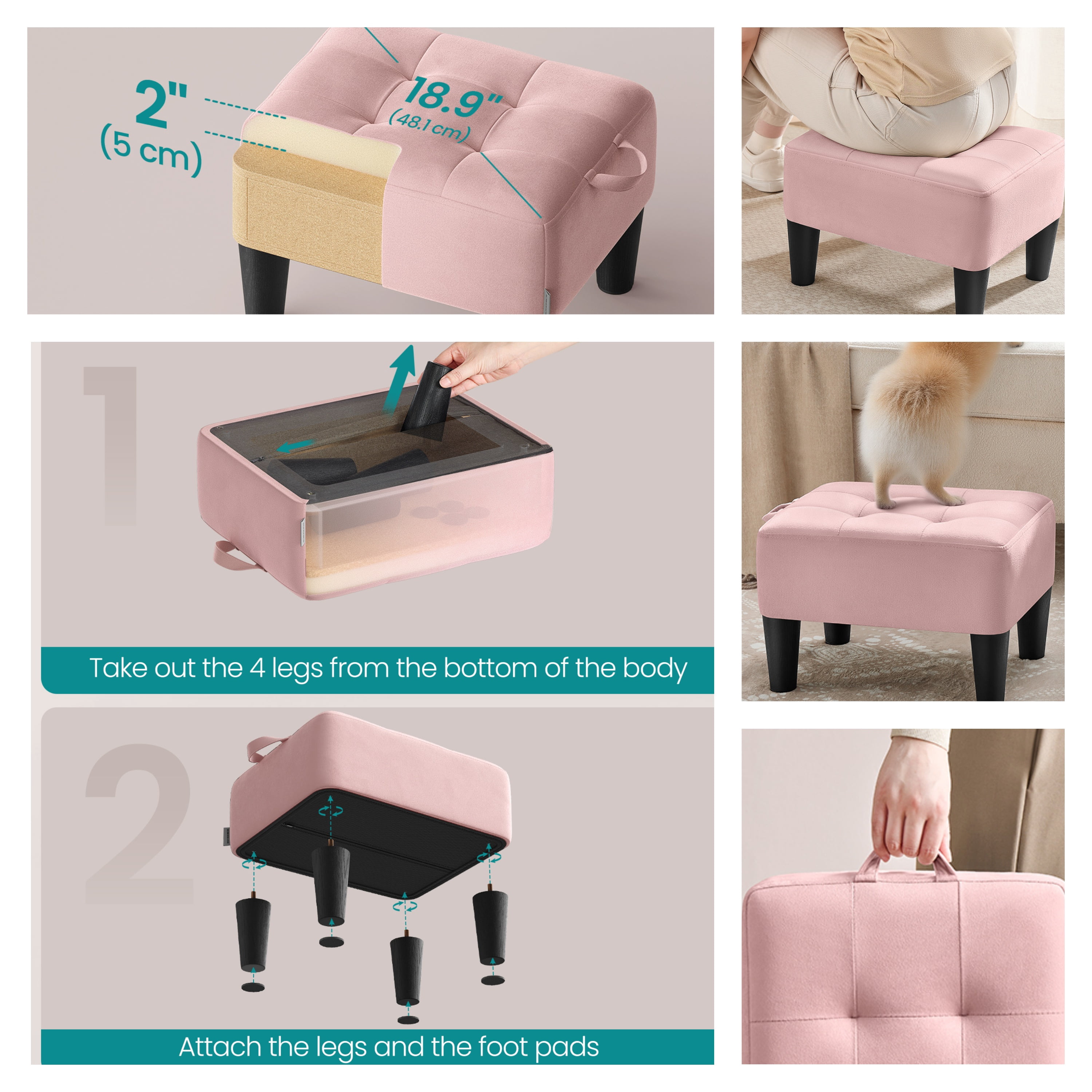LEDREM Small Ottoman Foot Stool with Thick Cushion, Footrest with Sturdy Angled Legs for Living Room, Bedroom, Entryway, Jelly Pink