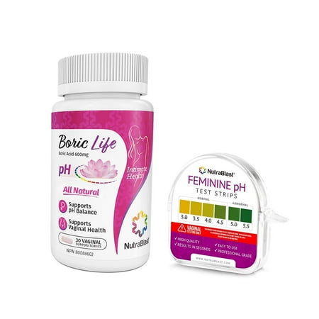 NutraBlast Boric Acid Suppositories 600mg (30 Count) w/Feminine pH Test Strips 3.0-5.5 (100 Tests Roll) | Monitor Vaginal Intimate Health & Prevent Infections | Accurate Women’s Acidity & Alkalinity