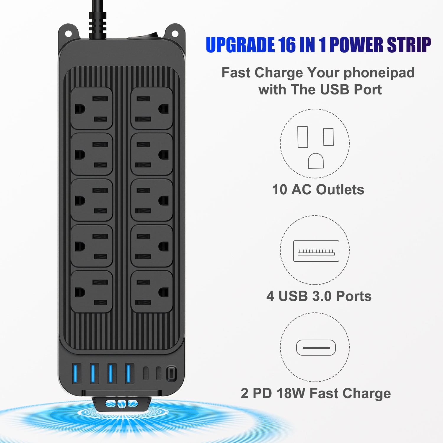 16-in-1 Surge Protector Power Strip with 10 Outlets & 6 USB Ports (2 USB-C), 4ft Thin Flat Extension Cord for Home, Office, TravelHome, Office, Travel