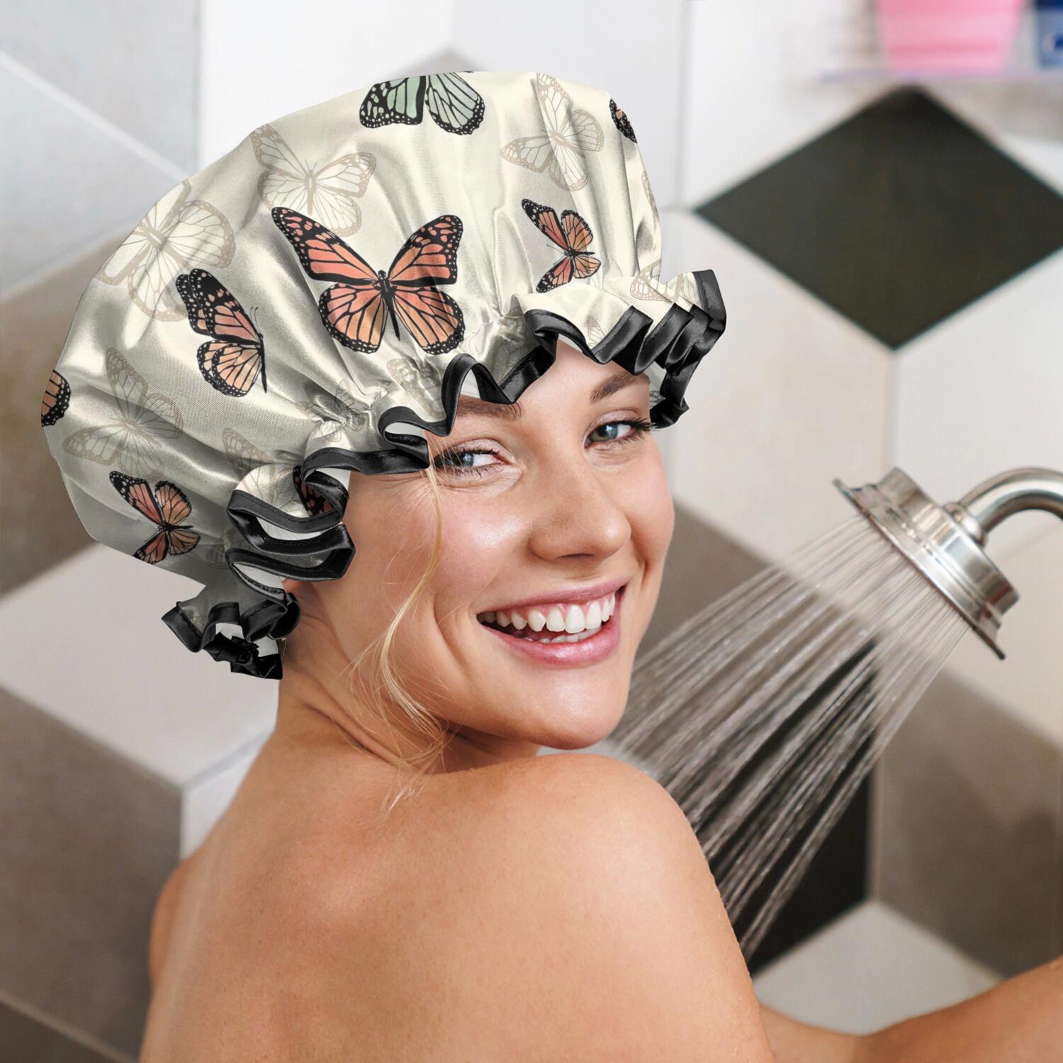 Shower Caps,Beige Butterfly Pattern Waterproof Shower Cap for Women 4 Pieces,Double Reusable Hair Cover for Shower PEVA Elastic Stretch Hem