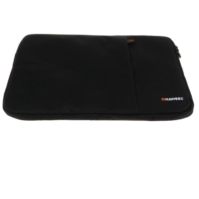 funda protectora impermeable sunnimix para portátiles de 11 pulgadas funda negra acolchada con bolsillo frontal y cierre con cremallera; vista plana frontal, silueta rectangular de 32x23x1.5 cm, portátil y ligera para guardar adaptadores, cables y blocs; también suele usarse para transportar tabletas y accesorios pequeños.