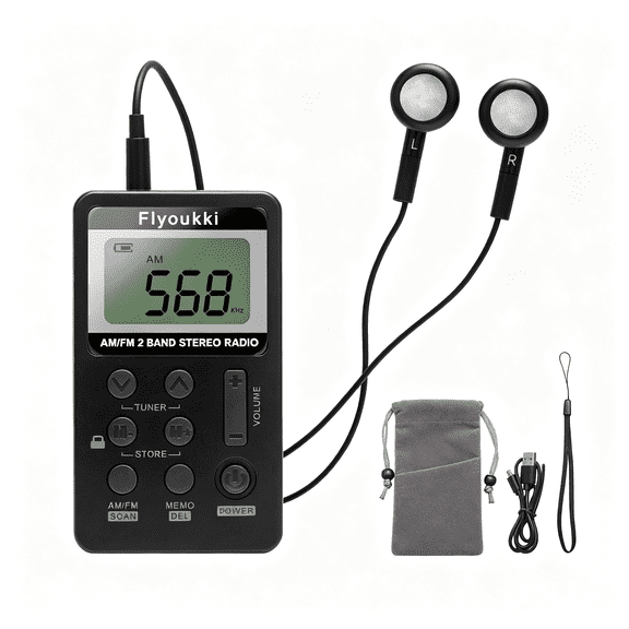 GJX Pocket Small Radio by , Personal Mini Am Fm Portable Digital Tuning Transistor Radios with Reception, Earphones, Lanyard and Rechargeable Battery for Walking Jogging Exercising (Black)